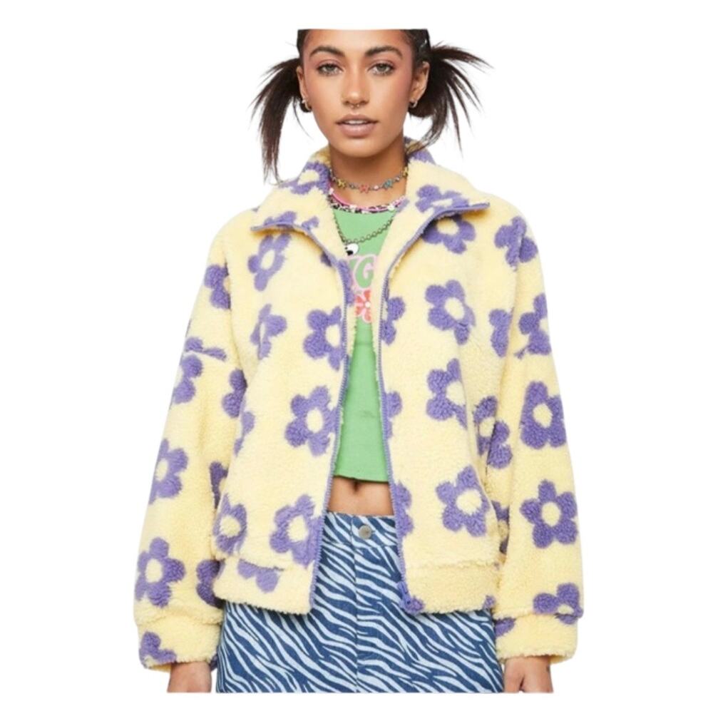 Pretty Garbage Sherpa Jacket Women Yellow Purple Flower Medium